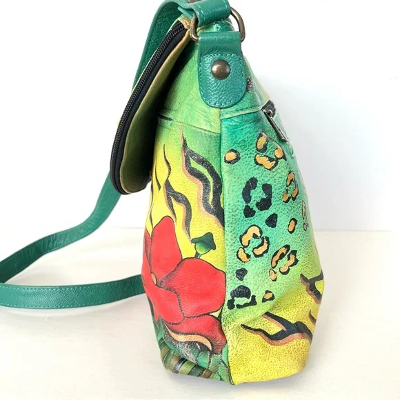 ANUSCHKA Multicolor Hand Painted Leather Wallet w Shoulder Bag Crossbody Satchel - Picture 8 of 16